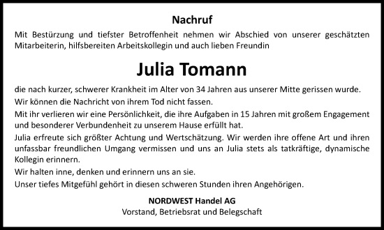 Traueranzeige von Julia Tomann von Tageszeitung