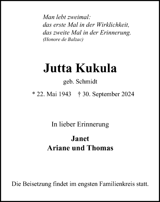 Traueranzeige von Jutta Kukula von Tageszeitung