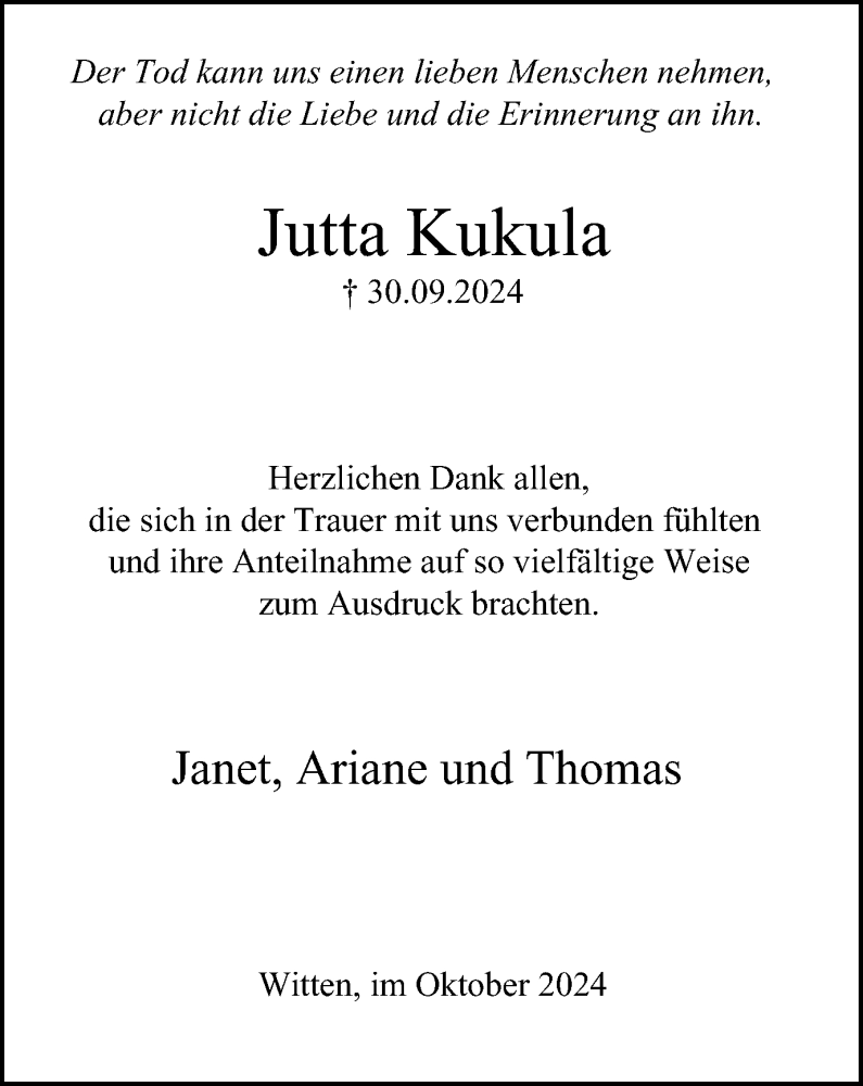 Traueranzeige für Jutta Kukula vom 26.10.2024 aus Tageszeitung