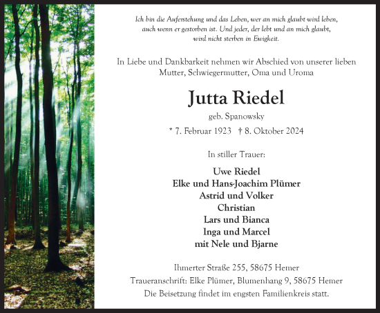 Traueranzeige von Jutta Riedel von Tageszeitung