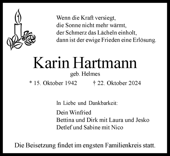 Traueranzeige von Karin Hartmann von Tageszeitung