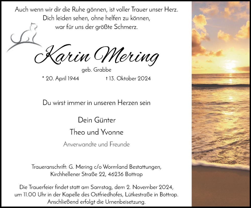  Traueranzeige für Karin Mering vom 26.10.2024 aus Tageszeitung