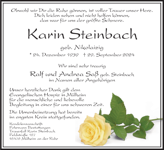 Traueranzeige von Karin Steinbach von Tageszeitung