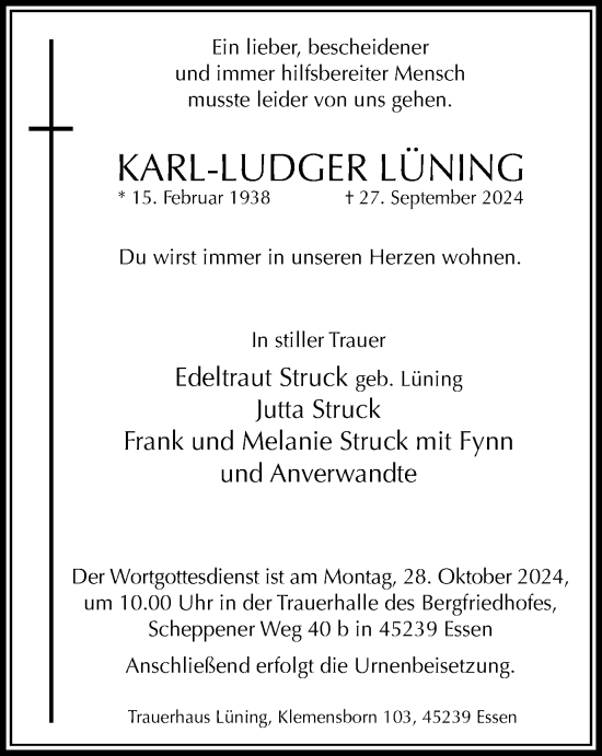 Traueranzeige von Karl-Ludger Lüning von Tageszeitung