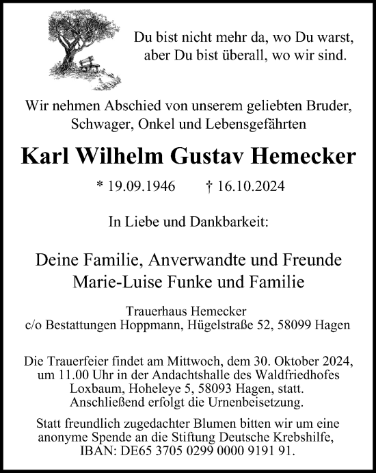 Traueranzeige von Karl Wilhelm Gustav Hemecker von Tageszeitung