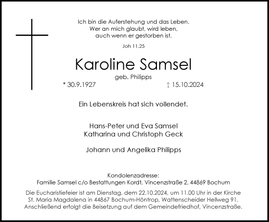 Traueranzeige von Karoline Samsel von Tageszeitung