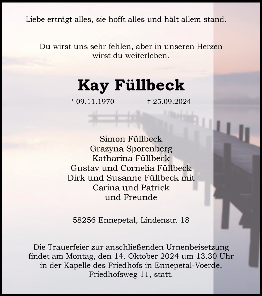  Traueranzeige für Kay Füllbeck vom 09.10.2024 aus Tageszeitung