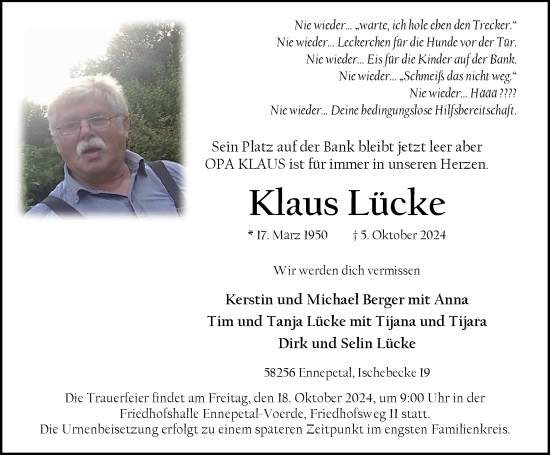 Traueranzeige von Klaus Lücke von Tageszeitung