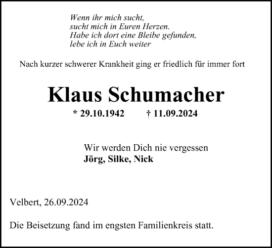 Traueranzeige von Klaus Schumacher von Tageszeitung