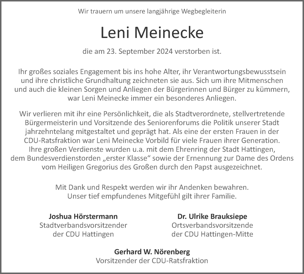  Traueranzeige für Leni Meinecke vom 05.10.2024 aus Tageszeitung