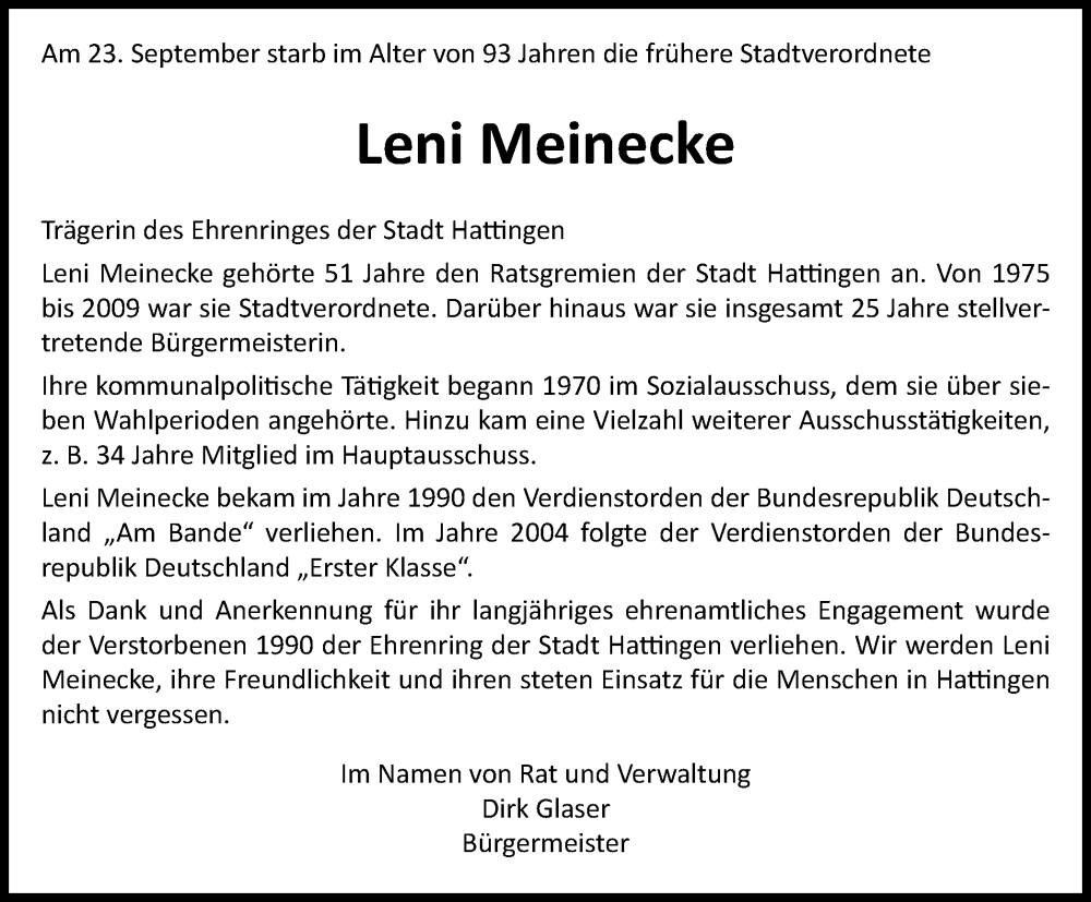  Traueranzeige für Leni Meinecke vom 05.10.2024 aus Tageszeitung