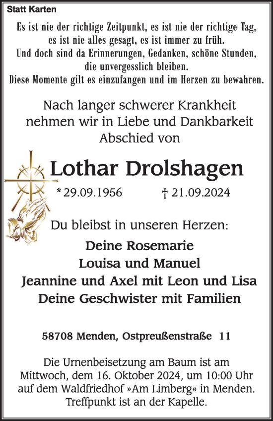 Traueranzeige von Lothar Drolshagen von Tageszeitung
