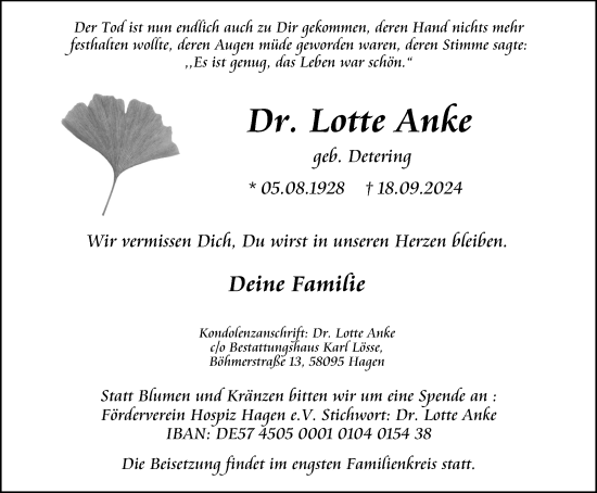Traueranzeige von Lotte Anke von Tageszeitung