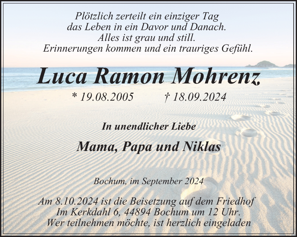  Traueranzeige für Luca Ramon Mohrenz vom 05.10.2024 aus Tageszeitung