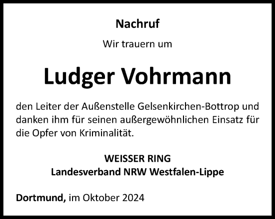 Traueranzeige von Ludger Vohrmann von Tageszeitung