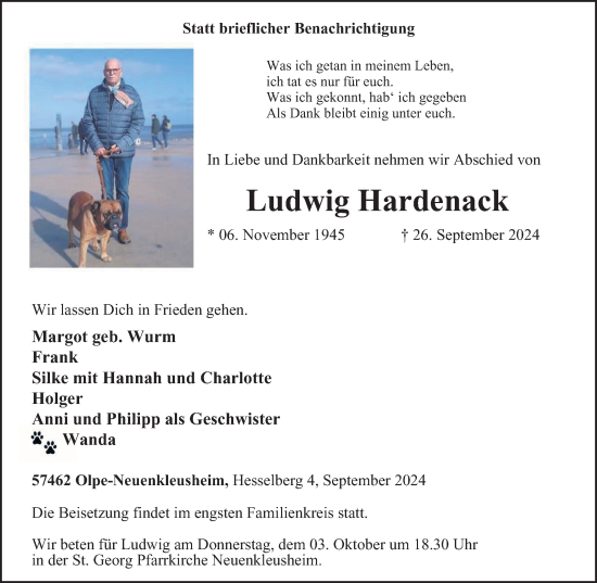 Traueranzeige von Ludwig Hardenack von Tageszeitung