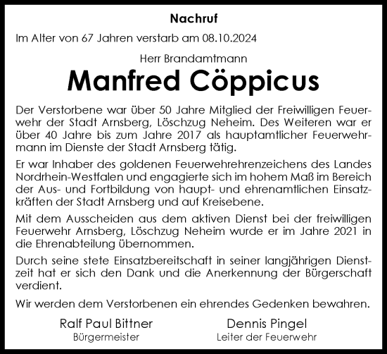 Traueranzeige von Manfred Cöppicus von Tageszeitung