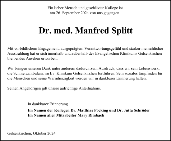 Traueranzeige von Manfred Splitt von Tageszeitung