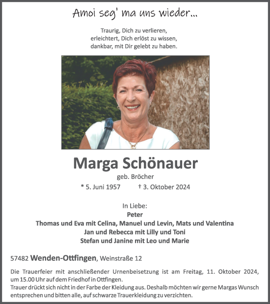 Traueranzeige von Marga Schönauer von Tageszeitung