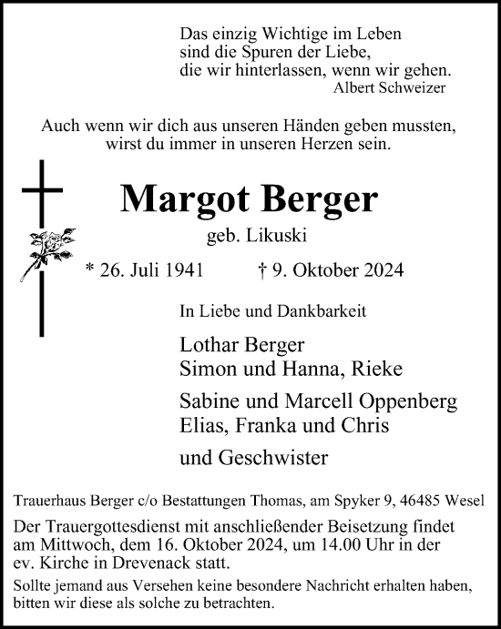Traueranzeige von Margot Berger von Tageszeitung