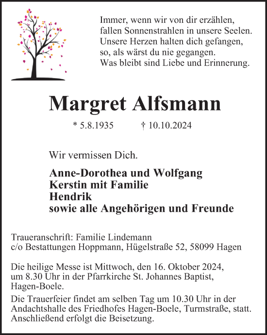 Traueranzeige von Margret Alfsmann von Tageszeitung