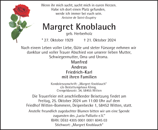 Traueranzeige von Margret Knoblauch von Tageszeitung