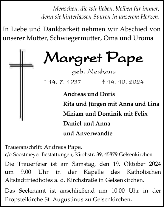 Traueranzeige von Margret Pape von Tageszeitung