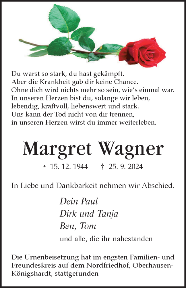  Traueranzeige für Margret Wagner vom 12.10.2024 aus Tageszeitung