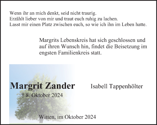 Traueranzeige von Margrit Zander von Tageszeitung