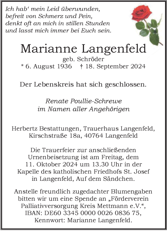 Traueranzeige von Marianne Langenfeld von Tageszeitung