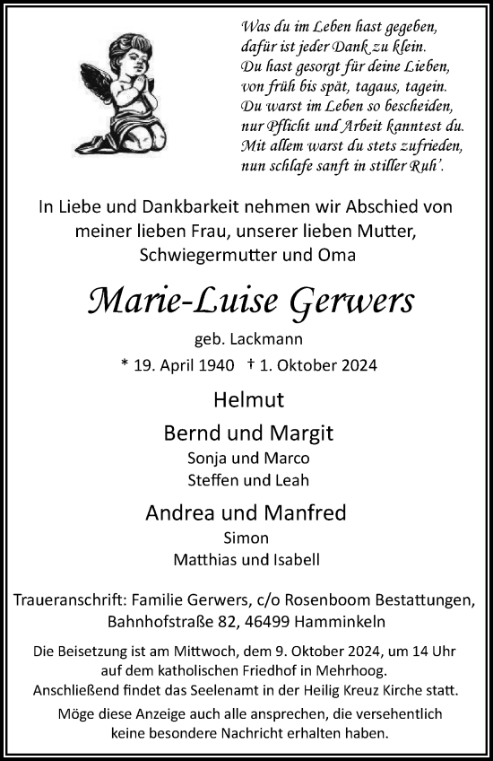 Traueranzeige von Marie-Luise Gerwers von Tageszeitung