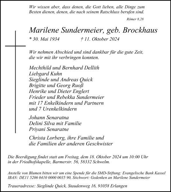 Traueranzeige von Marilene Sundermeier von Tageszeitung