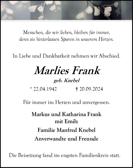 Traueranzeige von Marlies Frank von Tageszeitung