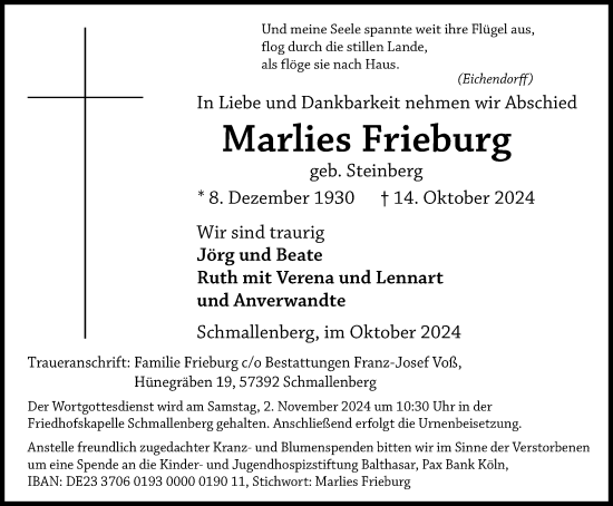 Traueranzeige von Marlies Frieburg von Tageszeitung