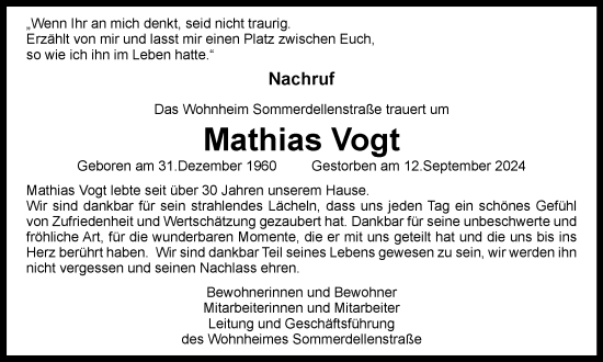 Traueranzeige von Mathias Vogt von Tageszeitung