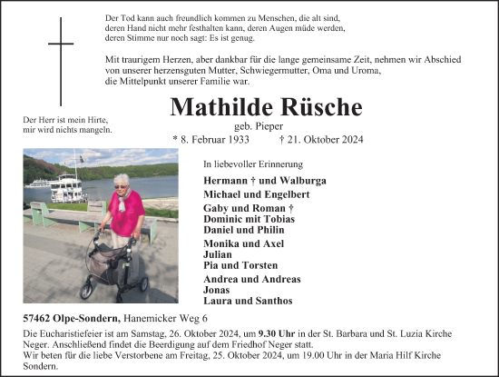 Traueranzeige von Mathilde Rüsche von Tageszeitung