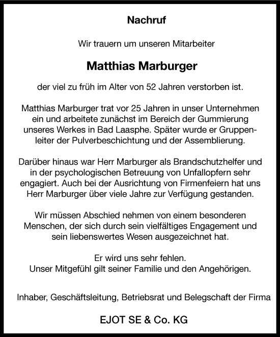 Traueranzeige von Matthias Marburger von Tageszeitung