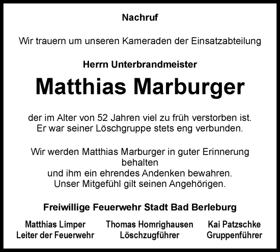 Traueranzeige von Matthias Marburger von Tageszeitung
