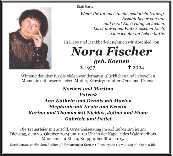 Traueranzeige von Nora Fischer von Tageszeitung