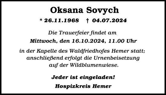 Traueranzeige von Oksana Sovych von Tageszeitung