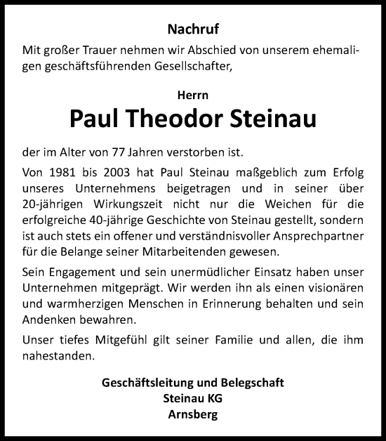 Traueranzeige von Paul Theodor Steinau von Tageszeitung