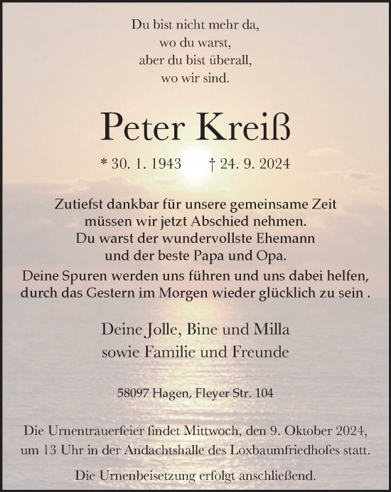 Traueranzeige von Peter Kreiß von Tageszeitung