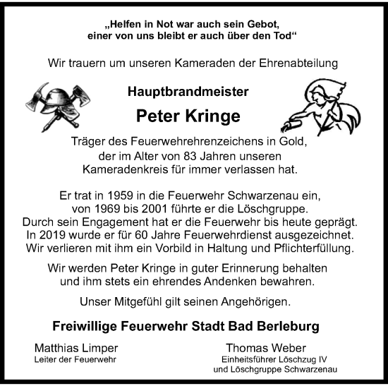 Traueranzeige von Peter Kringe von Tageszeitung