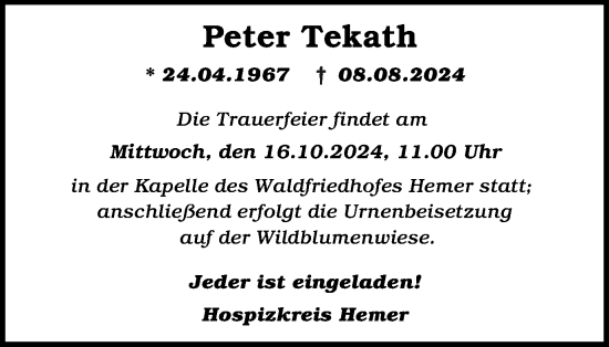 Traueranzeige von Peter Tekath von Tageszeitung