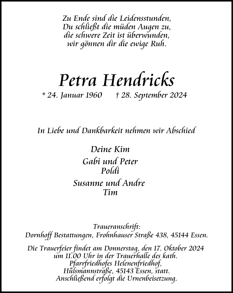  Traueranzeige für Petra Hendricks vom 05.10.2024 aus Tageszeitung