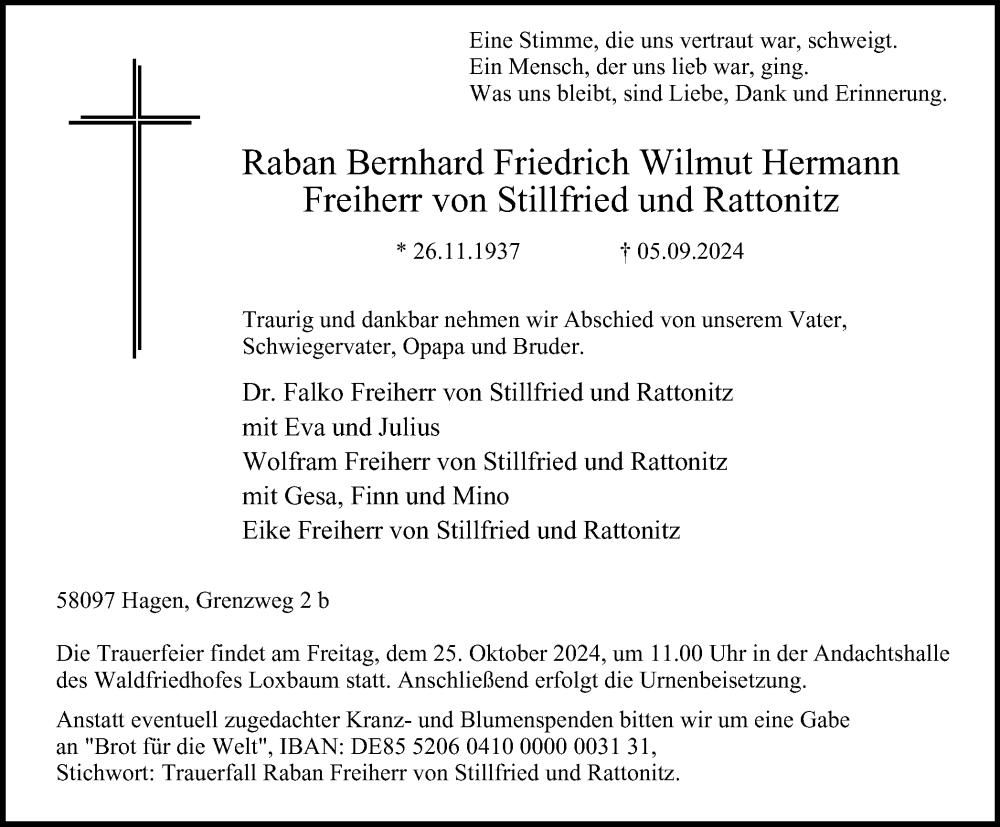  Traueranzeige für Raban Bernhard Friedrich Wilmut Hermann Freiherr von Stillfried und Rattonitz vom 12.10.2024 aus Tageszeitung