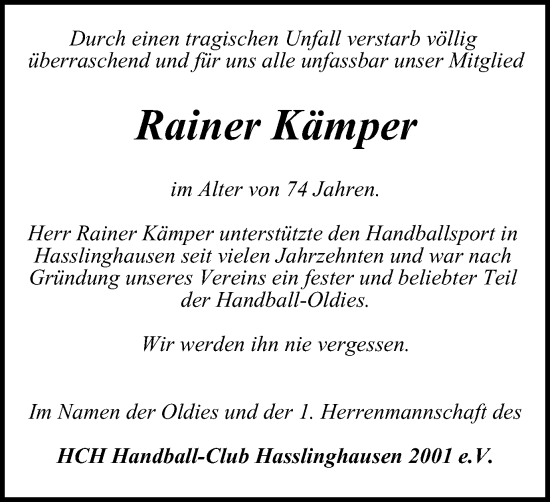 Traueranzeige von Rainer Kämper von Tageszeitung