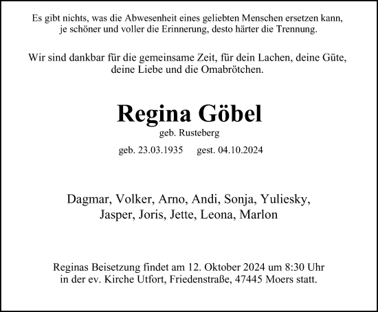 Traueranzeige von Regina Göbel von Tageszeitung