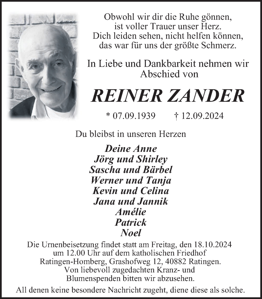  Traueranzeige für Reiner Zander vom 05.10.2024 aus Tageszeitung