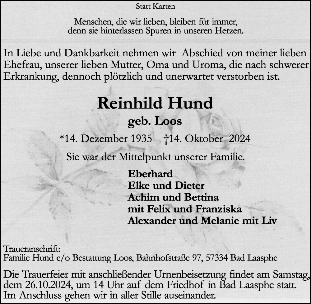  Traueranzeige für Reinhild Hund vom 23.10.2024 aus Tageszeitung